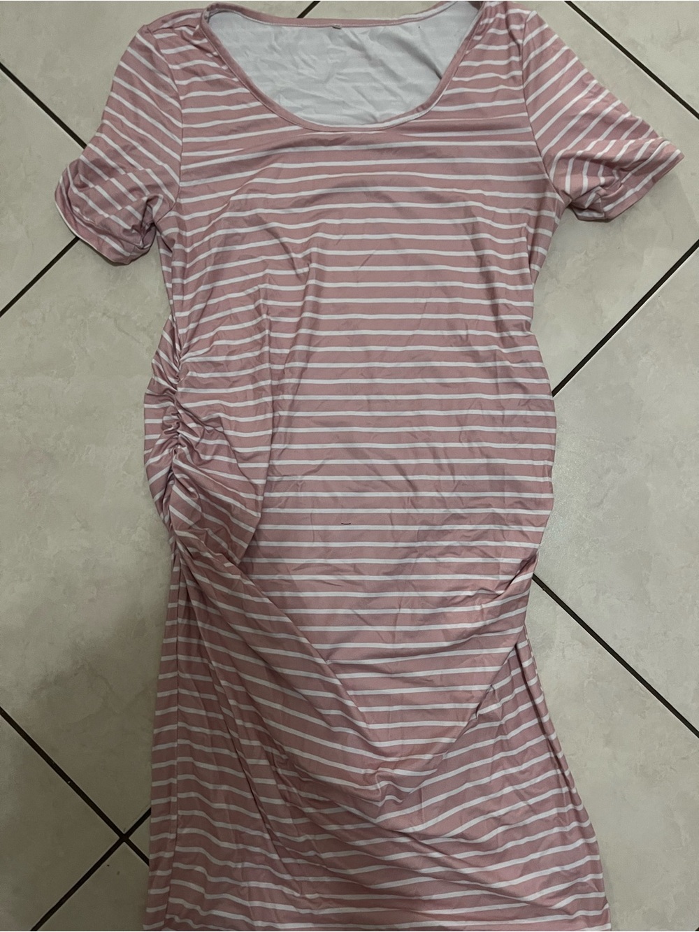 Maternity Striped Pink Midi Dress with Side Ruching